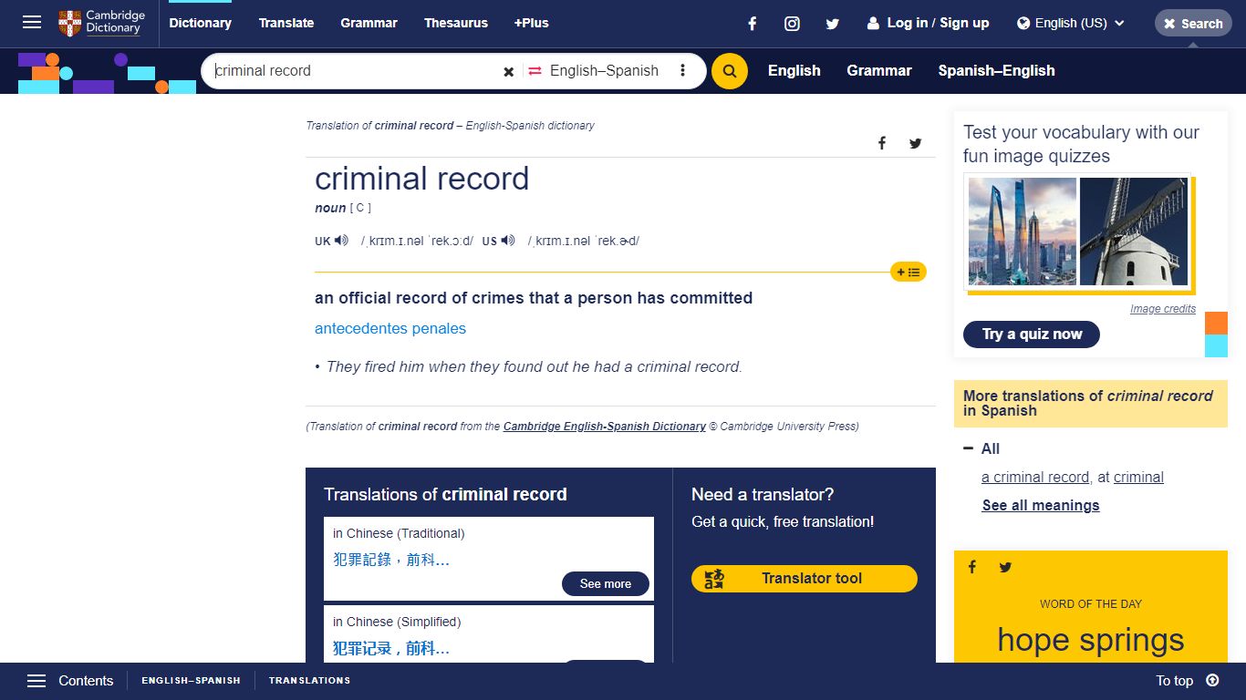Translation of criminal record – English-Spanish dictionary